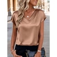 thumbnail image 2 of Deago Women Silk Satin Tops Cap Short Sleeve Blouse Summer V Neck Work Shirts Business Casual Dressy Outfits (Coffee, S), 2 of 9