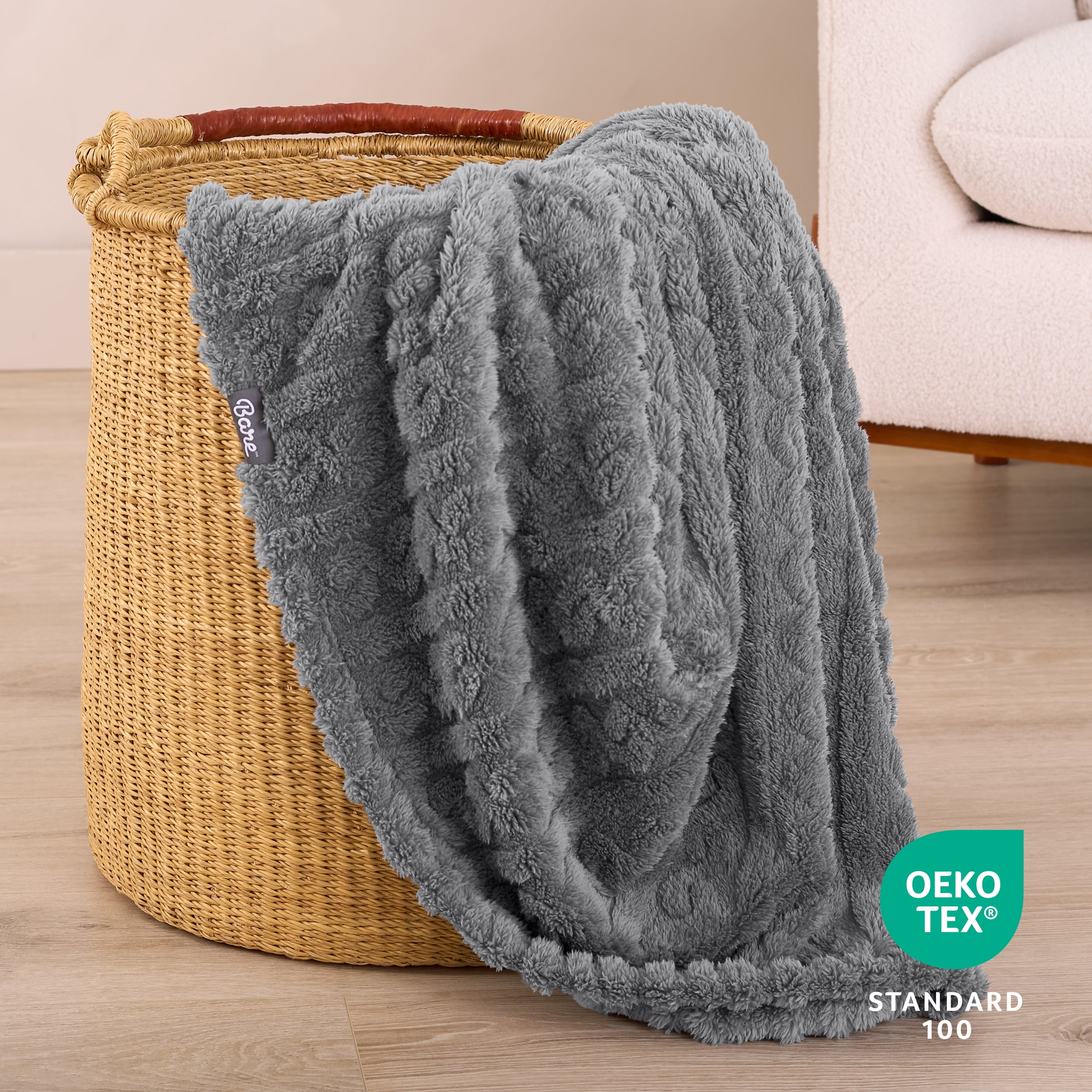 Bare Home Faux Shearling Blanket - Fluffy & Soft - Lightweight - Throw/Travel, Gray - Cable