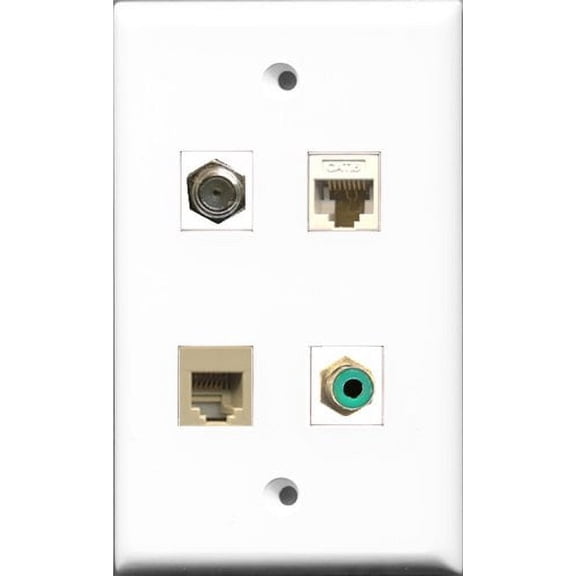RiteAV 1 Port RCA Green and 1 Port Coax Cable TV- F-Type and 1 Port Phone RJ11 RJ12 Beige and 1 Port Cat6 Ethernet White Wall Plate