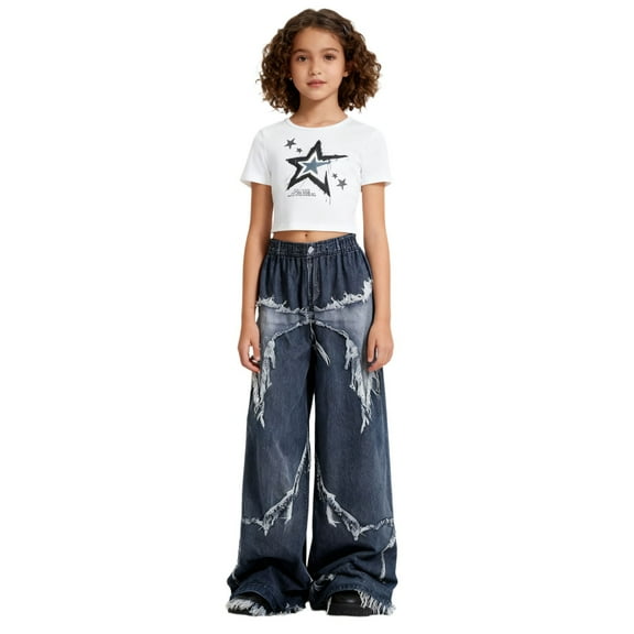 Ruiwill Girl Outfit Set Star Print Two Piece Outfit Fashionable Fitted Tee With Distressed Denim Long Pants Casual Streetwear For Teen Long Sleeve Crew Neck Girl Clothes Size 9-10 Years