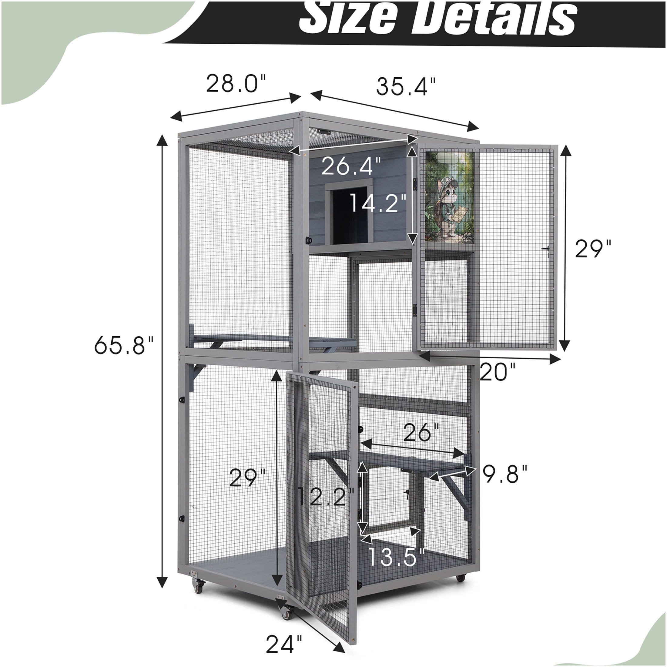 JERFIT 66" Large Outdoor Catio Enclosure with Wheels, 2 Platforms & Sleeping Condo, Portable Cat Cage Patio House for Indoor & Outdoor Use, Gray