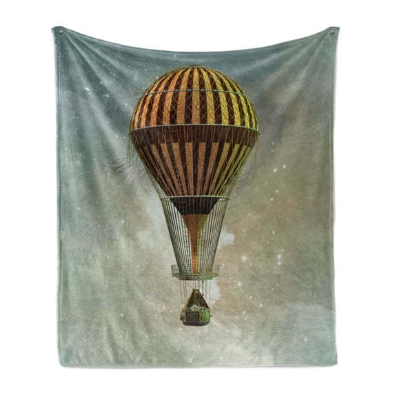 Steampunk Soft Flannel Fleece Blanket, Fantasy World Hot Air Balloon Rising in the Night Sky Full of Stars Themed Print, Cozy Plush for Indoor and Outdoor Use, 50" x 70", Multicolor, by Ambesonne