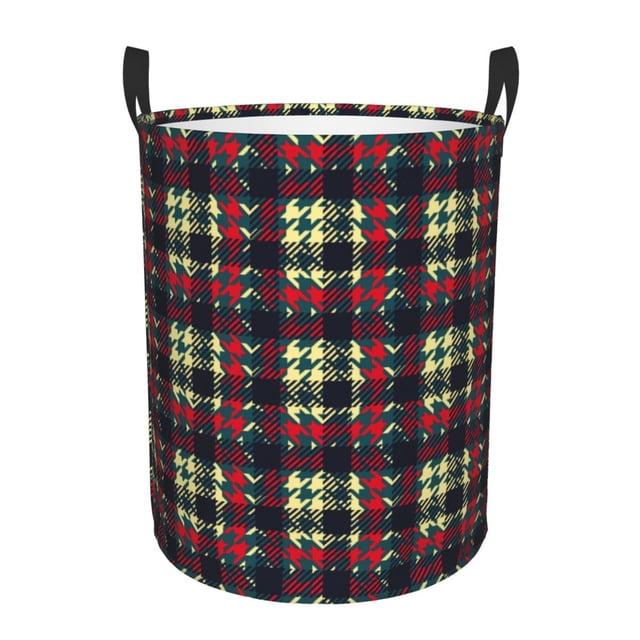 DouZhe Waterproof Collapsible Large Laundry Baskets, Vintage Houndstooth Plaid Prints Circular Hamper with Handles