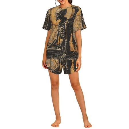 Women s Short Sleeve Pajama Set 2-Piece Loungewear Sleepwear Top and Shorts Grim Reaper Skeleton Angel Vintage Horror