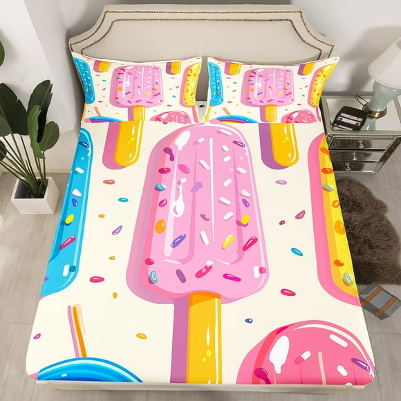 YST Colorful Popsicle Twin Fitted Sheet,Cute Rainbow Popsicle Bedding Set for Kids Girls Boys Kawaii Room Decor,Watercolor Candy Dessert Bed Set Food Theme Bottom Sheets 2Pcs（No Top Sheet）