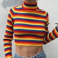 thumbnail image 4 of Womens Autumn Long Sleeve Turtleneck Sweater Colorful Rainbow Stripes Short Crop, 4 of 17
