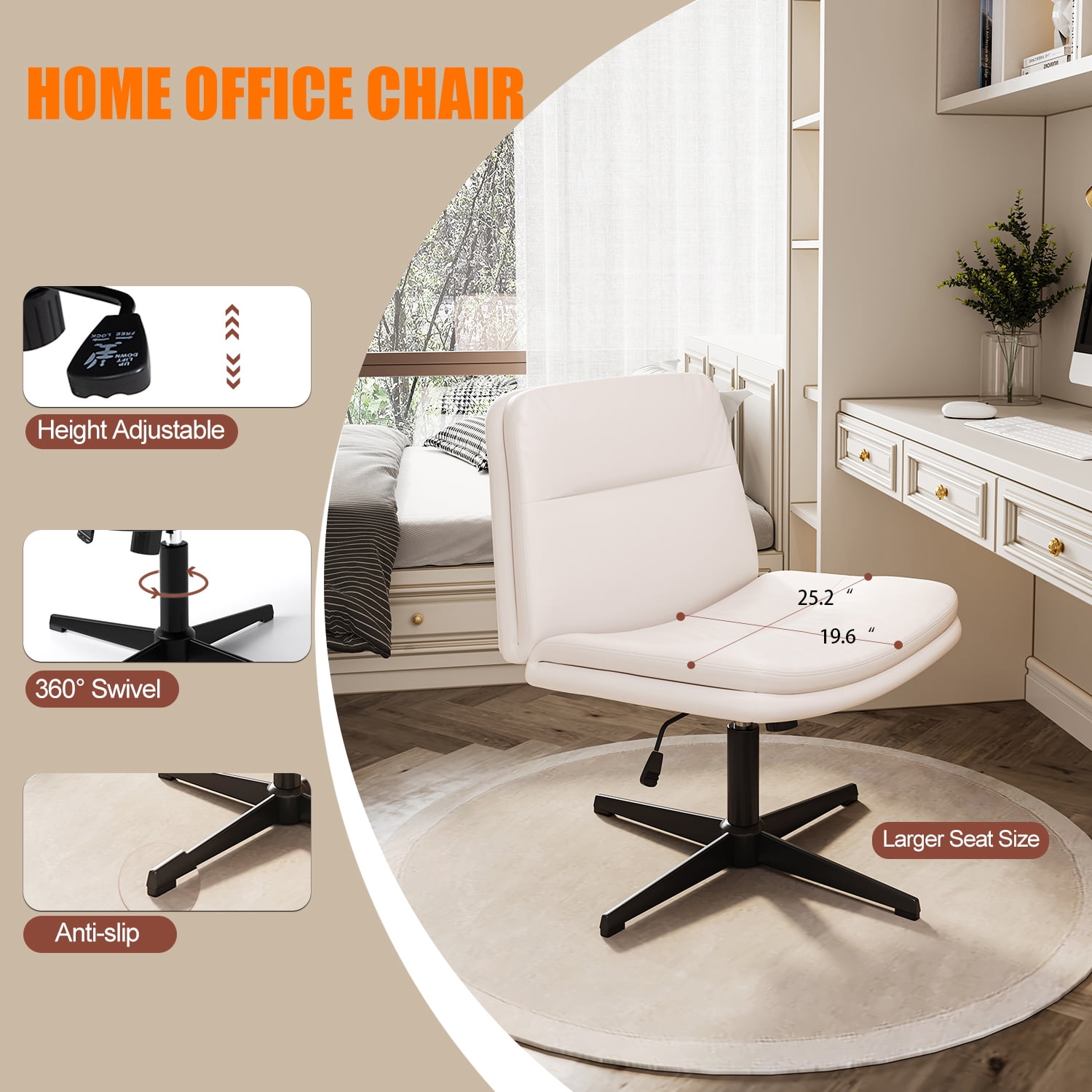Armless Criss Cross Chair Comfy Cross Legged Home Office Desk Chair Computer Chair Vanity Chair for Makeup Room, Living Room Chairs (Cream)