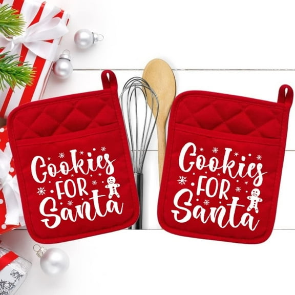 Set of 2 Red - Cookies for Santa - Pot Holder - Oven Mitt - Hot Pad - Polyester & Neoprene White Elephant - 9" x 7" - NEO016REDDBL