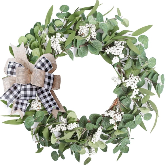 Artificial Eucalyptus Wreath for Front Door|20" Green Leaf Wreath for Window Home Porch Farmhouse Patio and Garden Indoor Outdoor Decor with Bow for Spring Summer Fall Winter