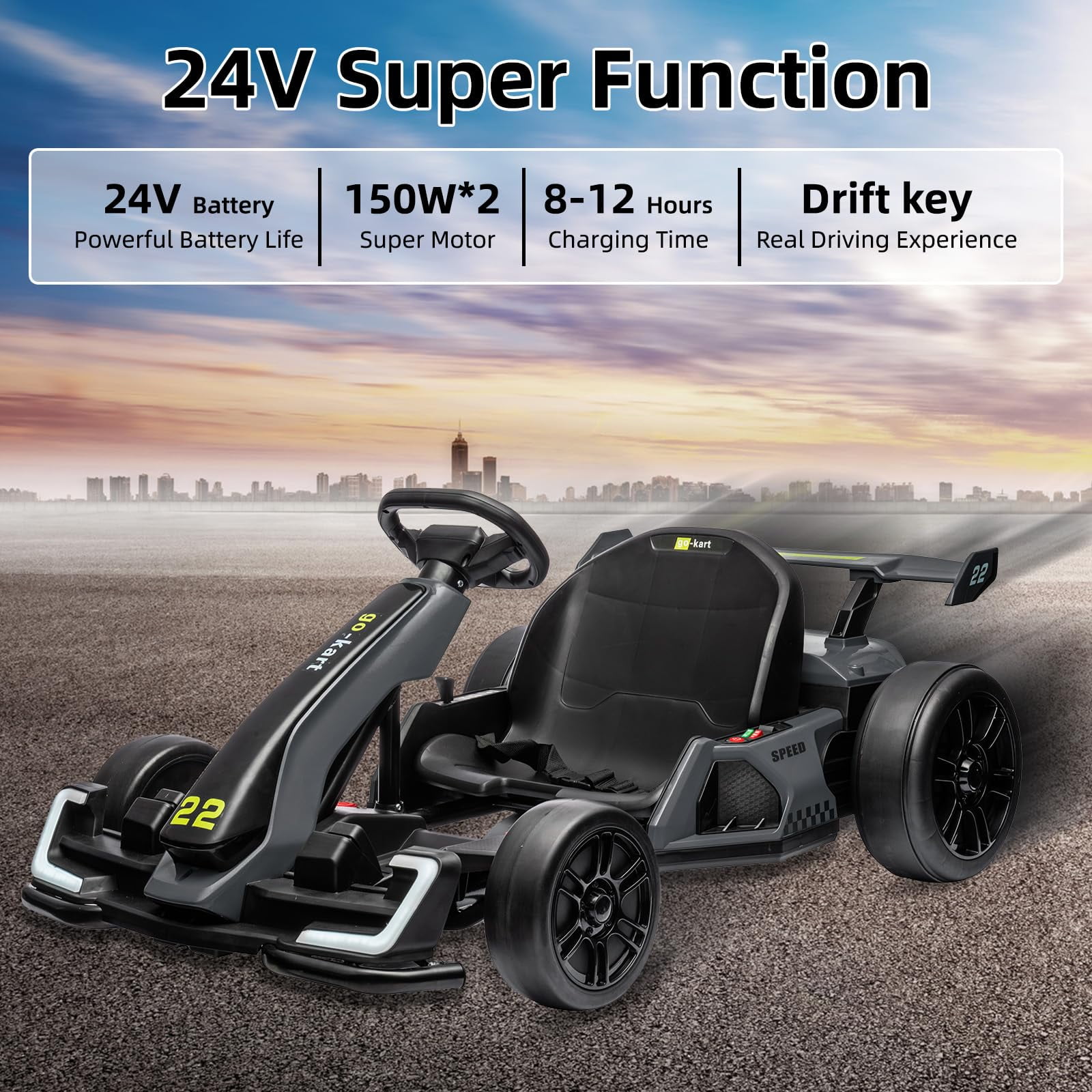 24V Electric Go Kart, 300W Powerful Drift Kart for Kids, Electric
