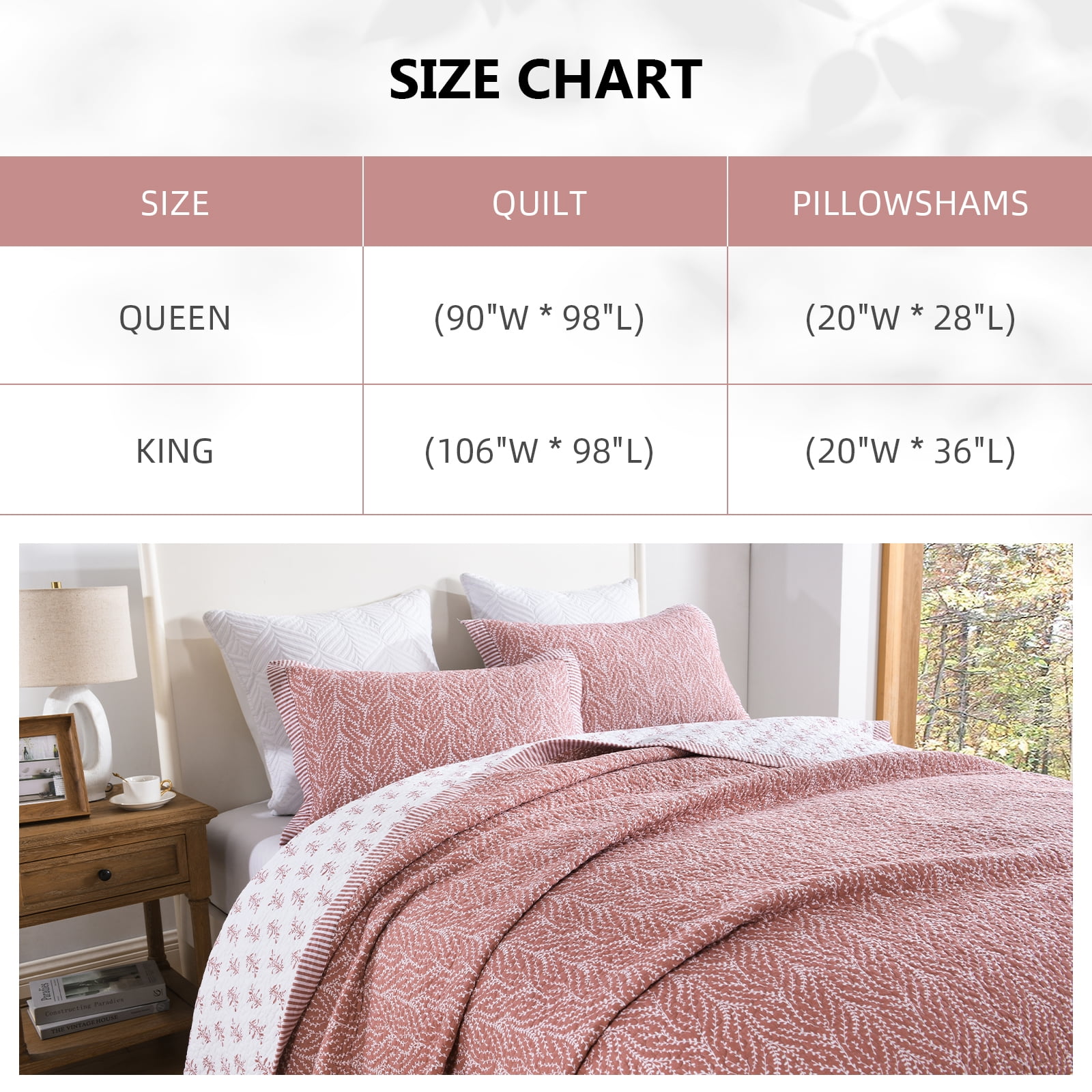 PANGUSHAN 100% Cotton Queen Quilt Set, Farmhouse Queen Size Quilt Bedding Set Bedspreads, Reversible Botanical Patterns Quilted Lightweight Comforter, Vintage Rose/White Bed Spread for Queen Bed