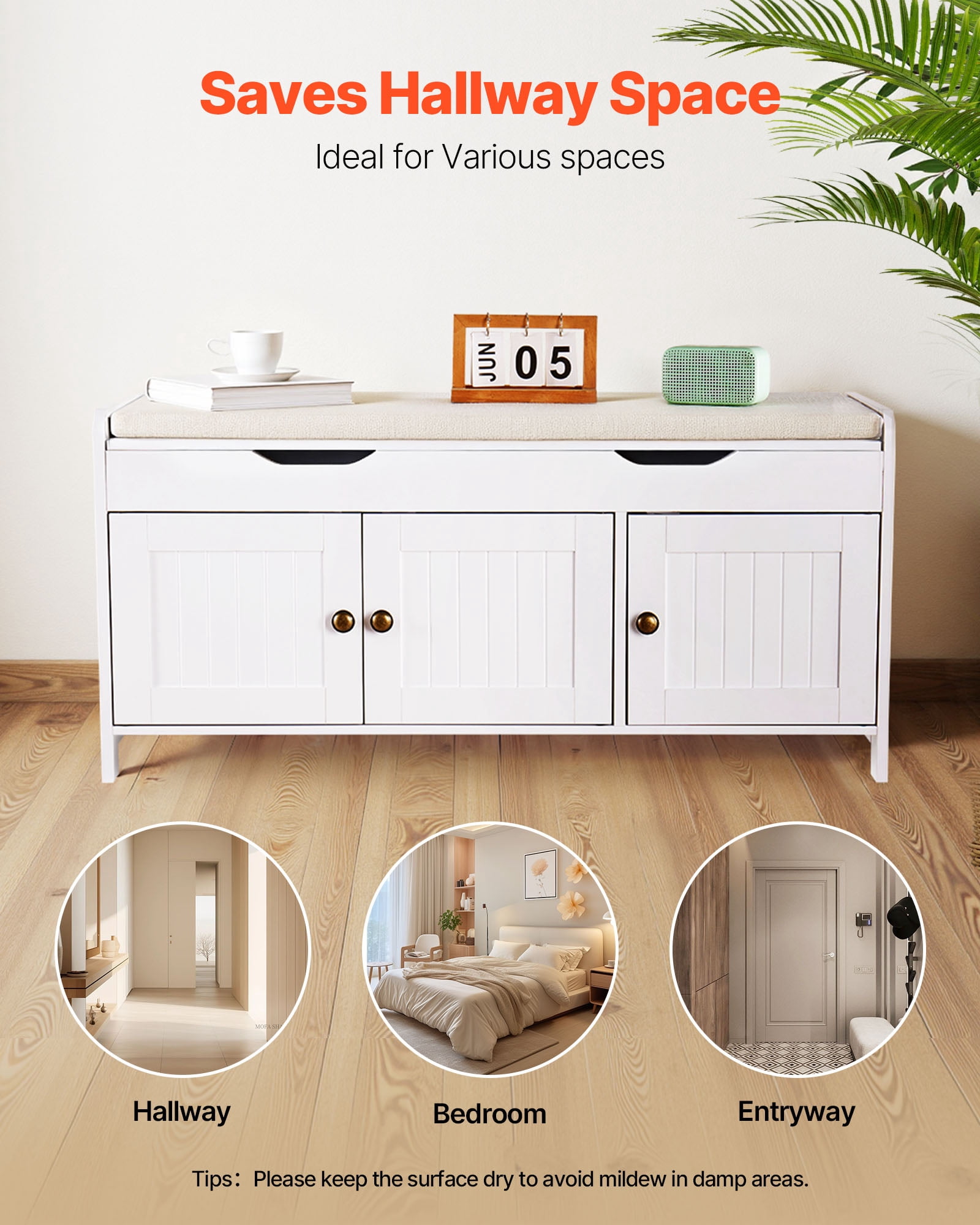 VEVOR Shoe Bench, 41.3 x 13.8 x 19.8 Inch Entryway Bench with Lift Top Storage and Seat Cushion, 250lbs Shoe Rack with 3 Cabinets and Height Adjustable Shelf, for Bedroom,Hallway, White + Black