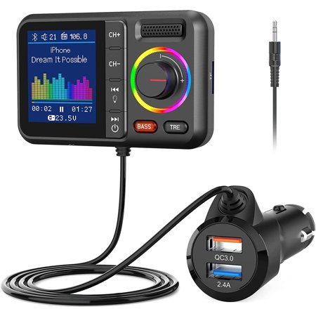 Bluetooth FM Transmitter for Car, Wireless Car Bluetooth Adapter V5.0 with Big Color Screen, Support Hands-Free Call, Siri&Google, MP3 Music Player BASS&TRE Booster, TF Card