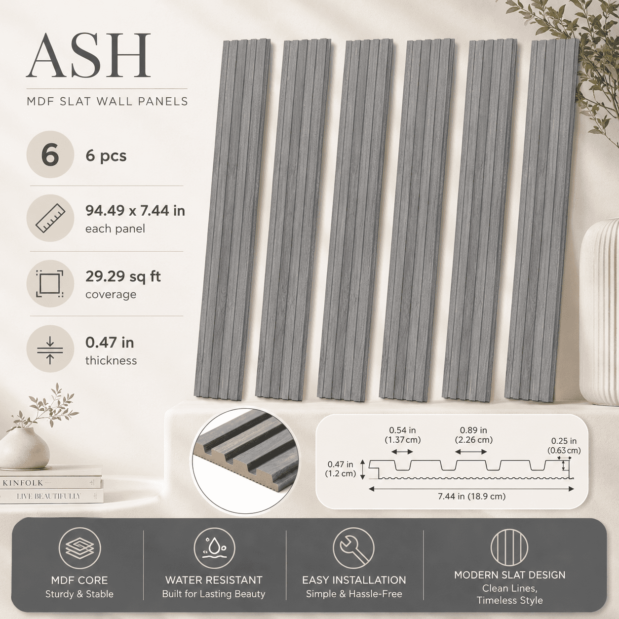 Yeslife 6 pcs Slat Wall Panels, 94.49 x 7.44 in, Ash MDF, 3D Decorative Design for Interior Walls and Ceilings