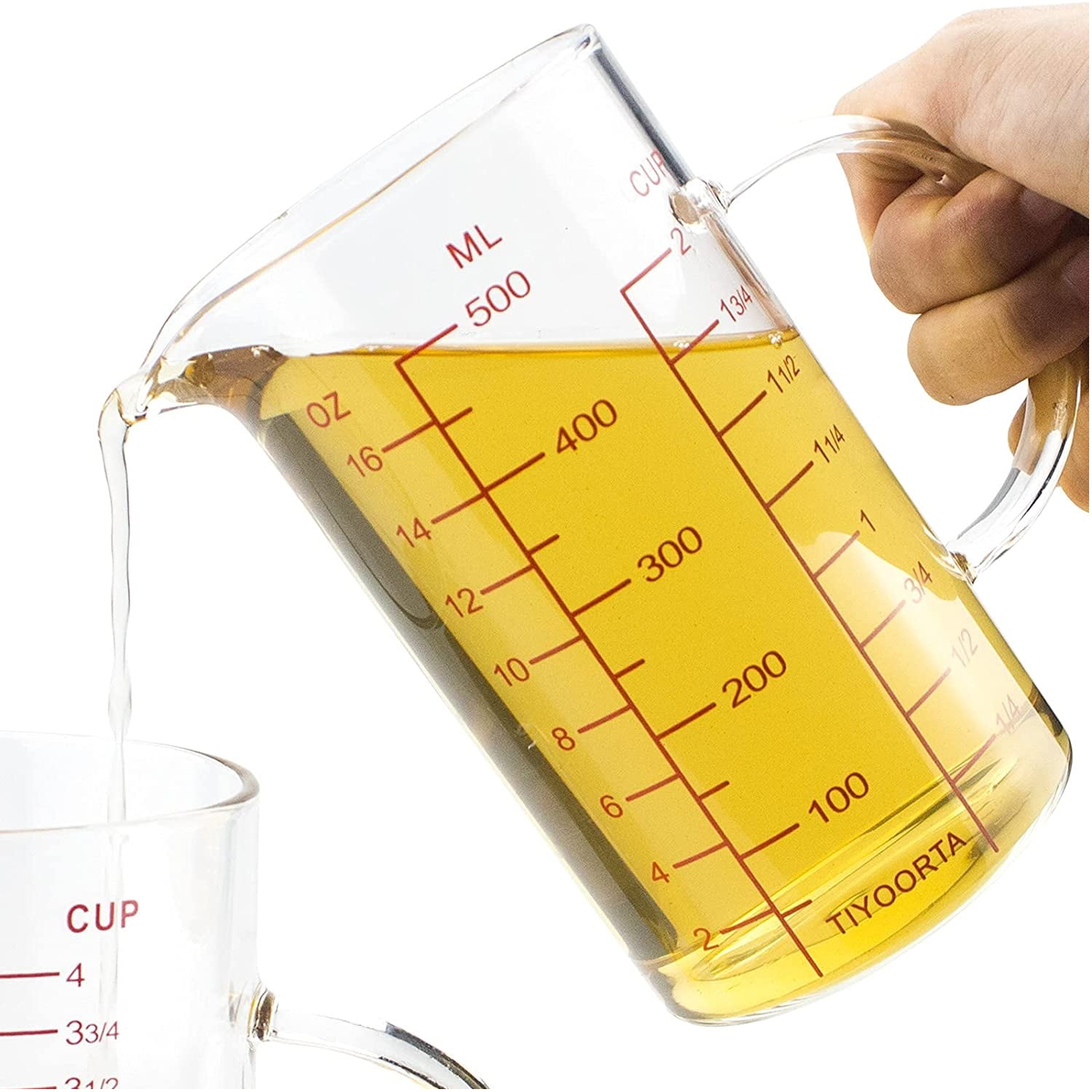 i Kito 500ML Glass Measure Cups with Handle & Pour Spout, Three Scales Measuring Beaker for