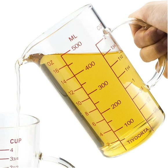 i Kito Gobelets à Mesurer en Verre 500 ml avec Poignée et Bec Verseur, Trois Balances (OZ, Tasse, ml), Bécher Doseur pour la Cuisine
