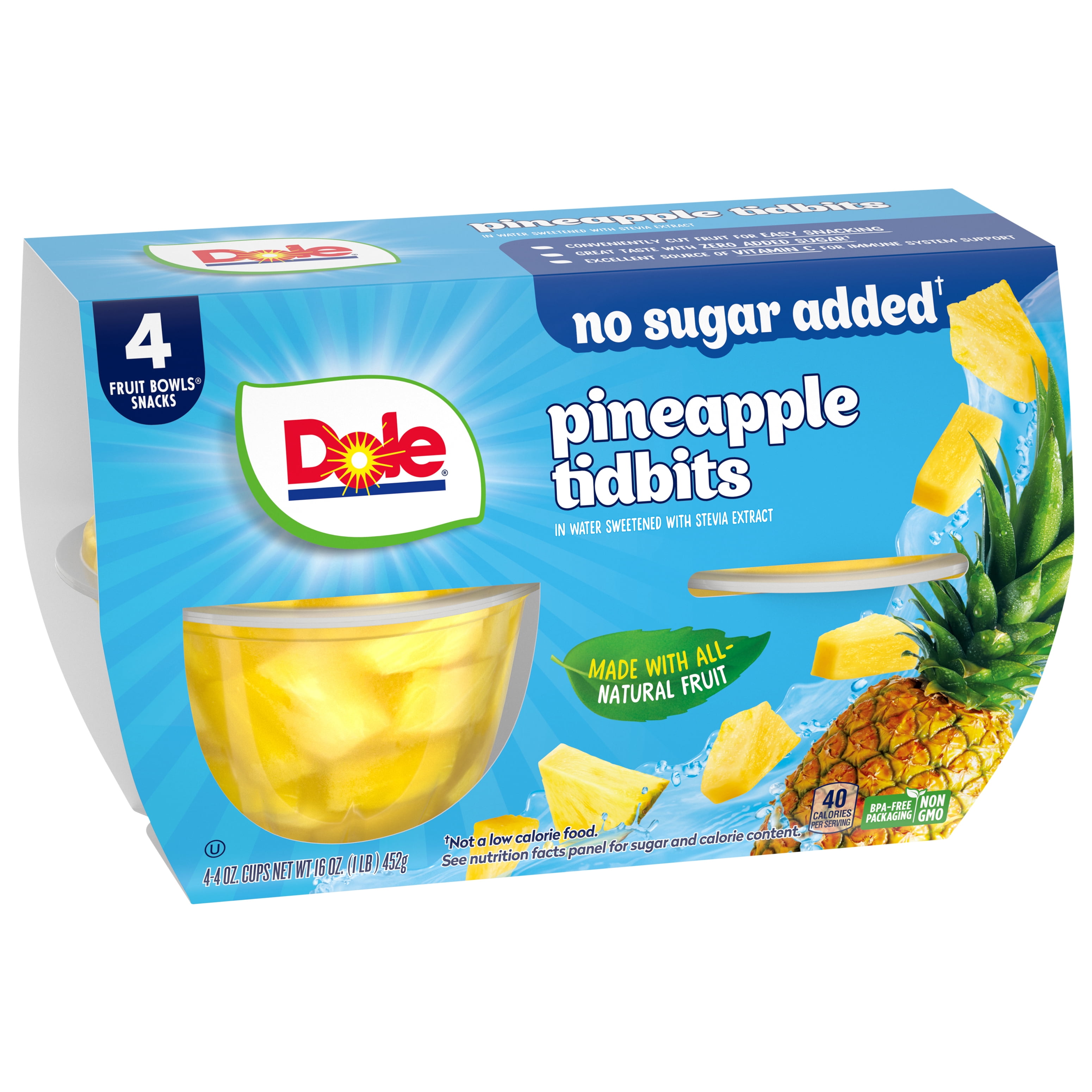 (4 pack) Dole Fruit Bowls No Sugar Added Pineapple Tidbits in Water, 4 oz Cups (4 Pack)