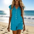 thumbnail image 5 of Women's Short Cuffed Sleeve Utility Rompers Elastic Waist Button Down Cotton Pocketed Jumpsuit Blue XL(XL), 5 of 6