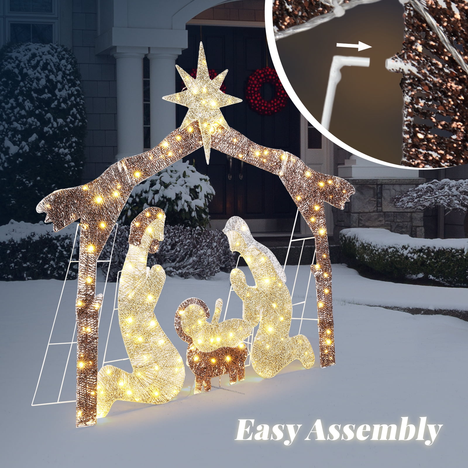6ft Christmas Nativity Scene Decoration Brown Roof with 190 LED Lights Durable Garden Jesus Mary Joseph Set Easy-Install Reusable Outdoor Holiday Decor