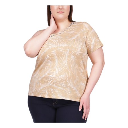 MICHAEL MICHAEL KORS Womens Beige Short Sleeve Asymmetrical Neckline Top Plus 1X