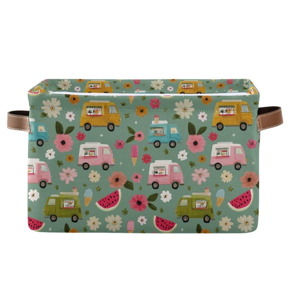 Yayeee Canvas Storage Basket with Handles for Shelves Fabric Bins Closet Organizer, Green Cartoon Trucks Pattern