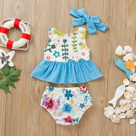 

Gubotare Toddler Summer Girls Bowknot Flower Printed Ruffles Two Piece Swimwear Swimsuit Bikini With Swimsuit Kids Girls Blue 12-18 Months