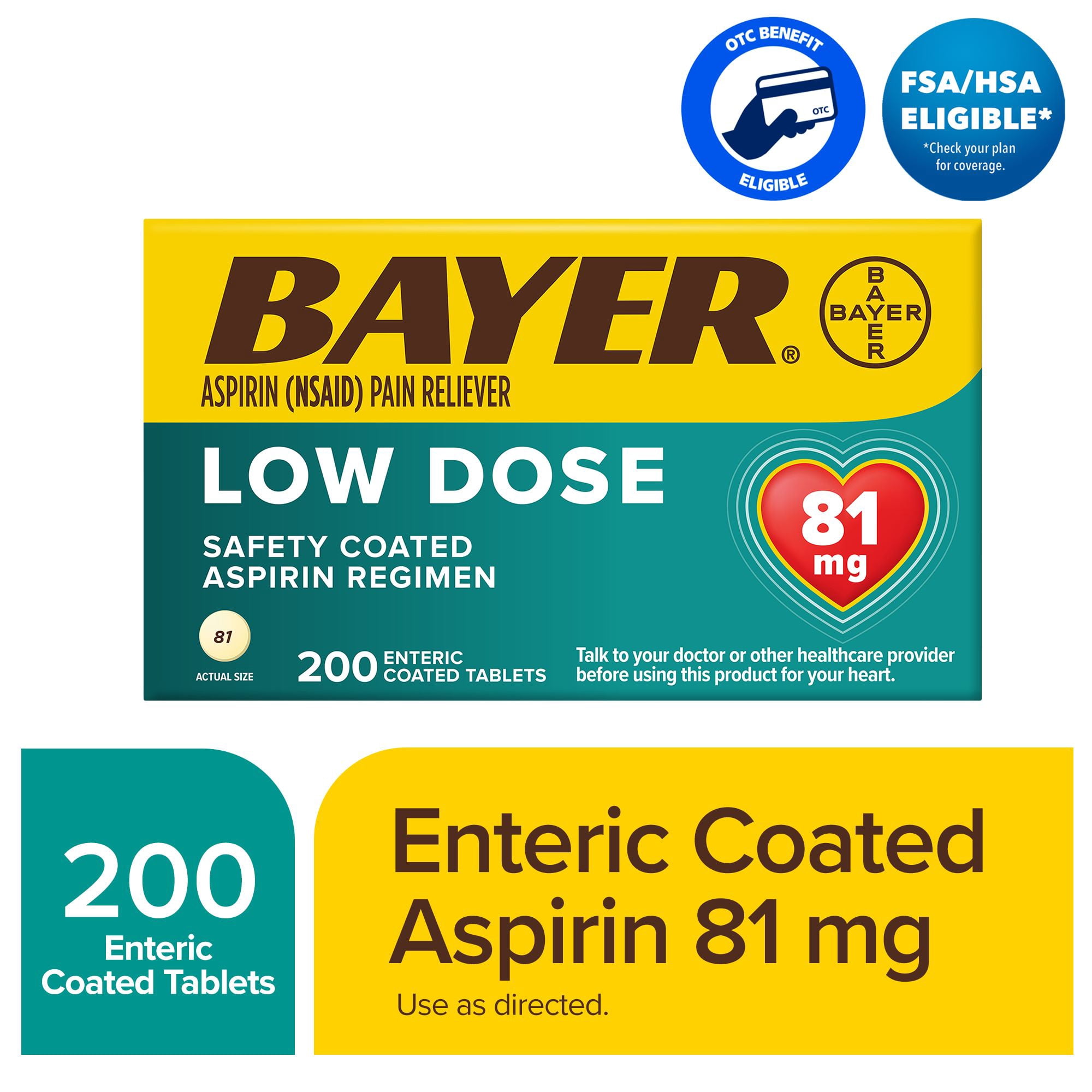 Bayer Aspirin Low Dose, 81 mg, for Cardiovascular Disease Enteric Coated Tablets, 200 Count