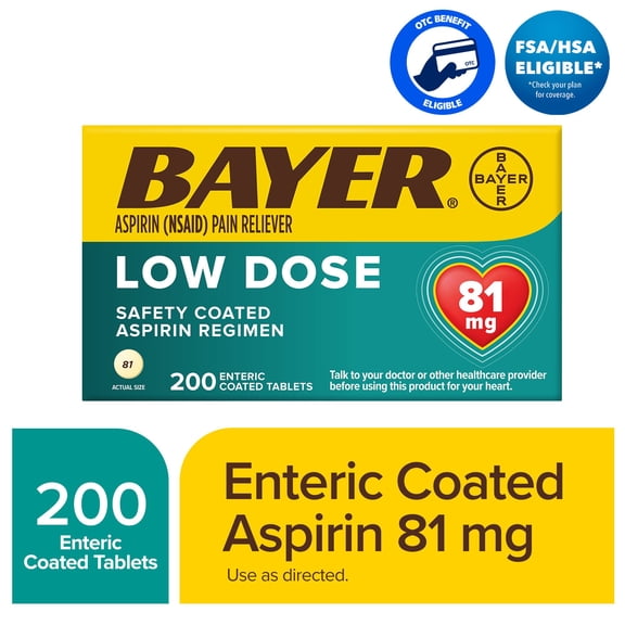 Bayer Aspirin Low Dose, 81 mg, for Cardiovascular Disease Enteric Coated Tablets, 200 Count