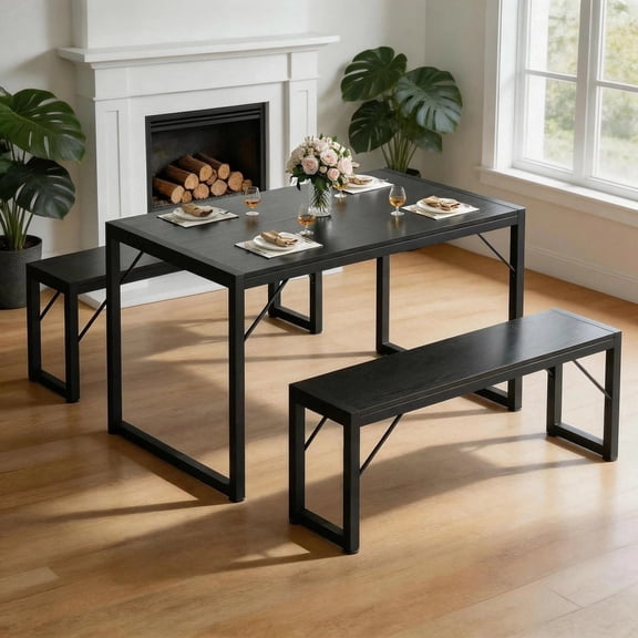 3 Piece Dining Table Set For 4, Asofer Dining Set With 2 Benches For Kitchen Living Room,Small Space, Black