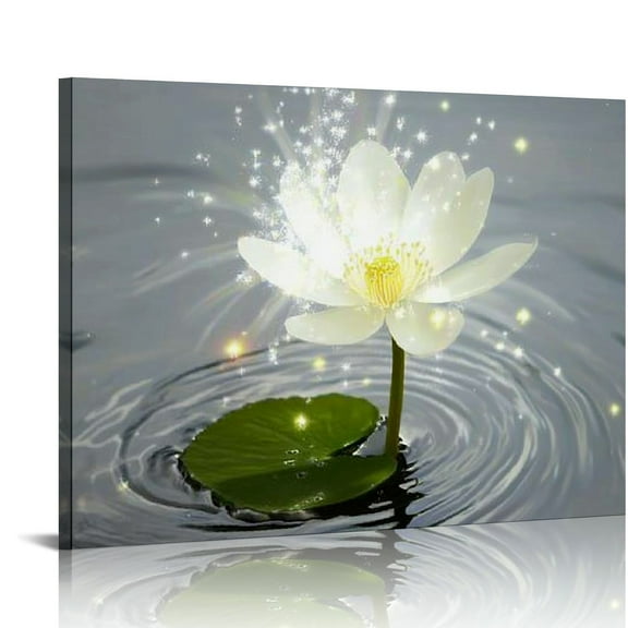 BCIIG Canvas Wall Art White Lotus Flower Bloom in Water Picture Prints Wall Decor Grey Painting for Yoga Spa Meditation Spiritual Room Decor  20x16in