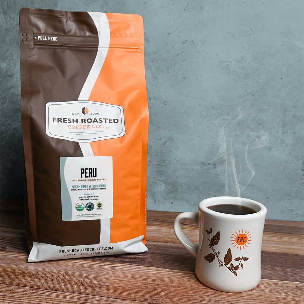 Fresh Roasted Coffee, Organic Peru Coffee, Medium Roast, Whole Bean, 80 oz 5 lbs