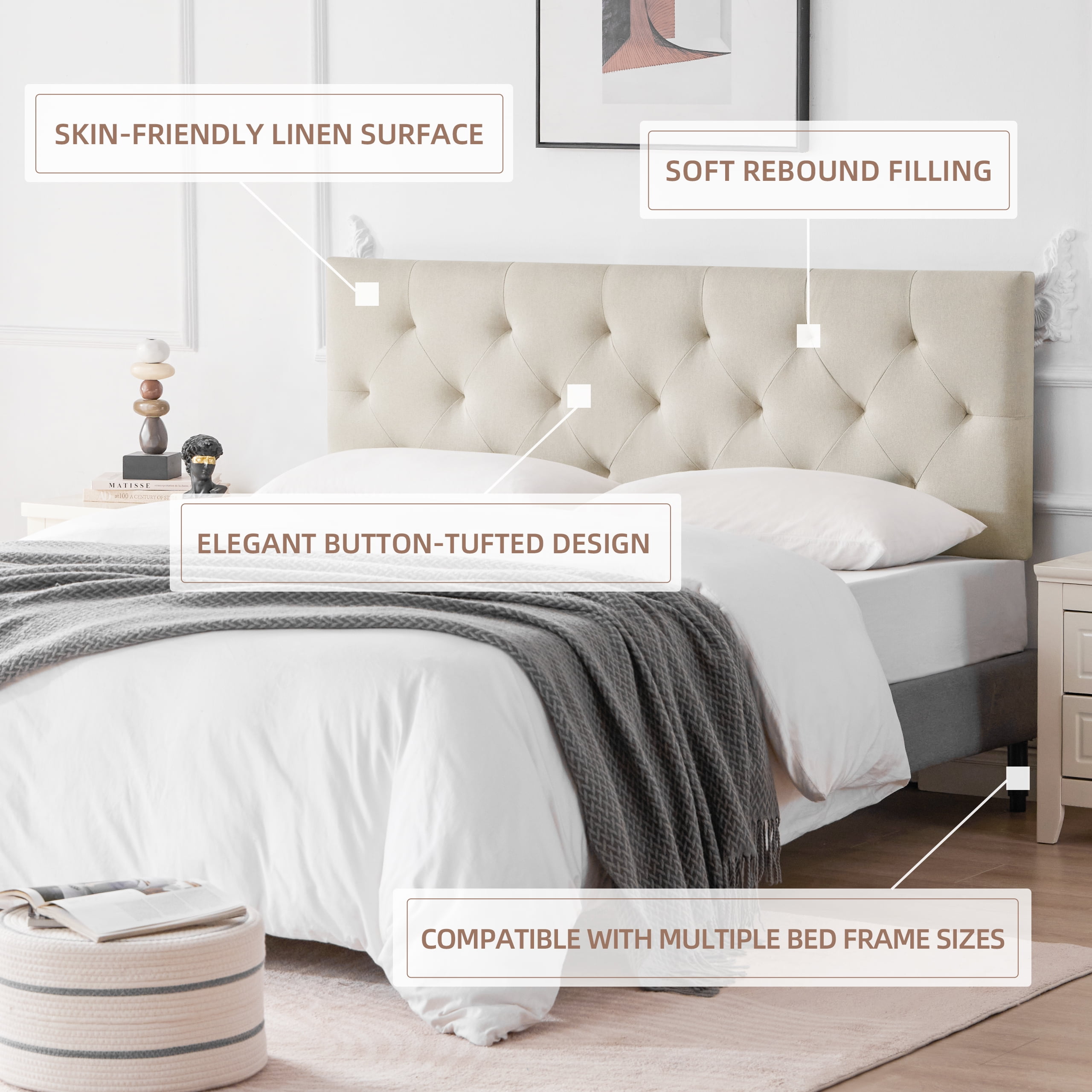 Weture Linen Upholstered Full Headboard, Modern Diamond Tufting, Adjustable Height, Beige