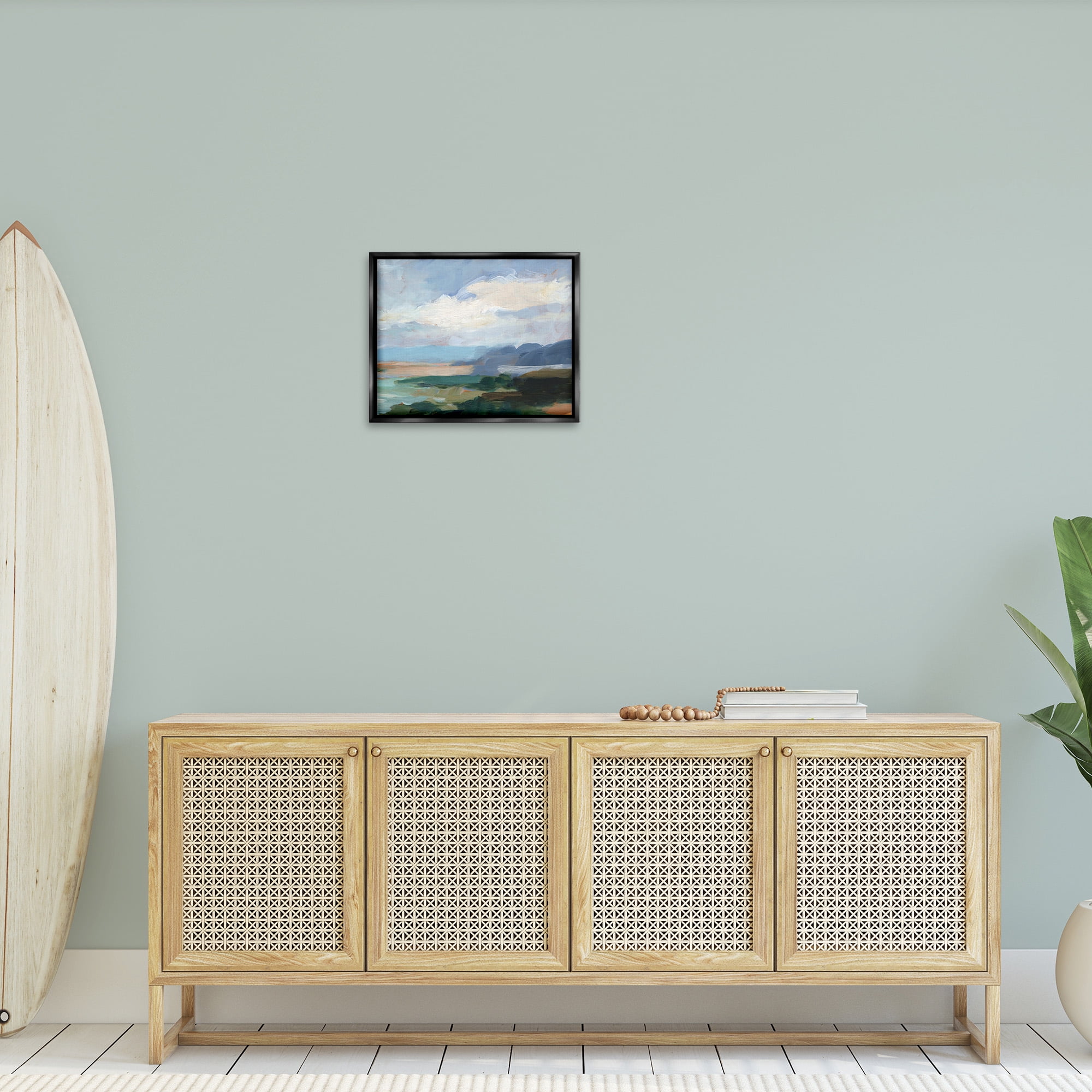 Stupell Industries Traditional Cloudy Beach Landscape Painting Black Floater Framed Canvas Art Print Wall Art, 21 x 17