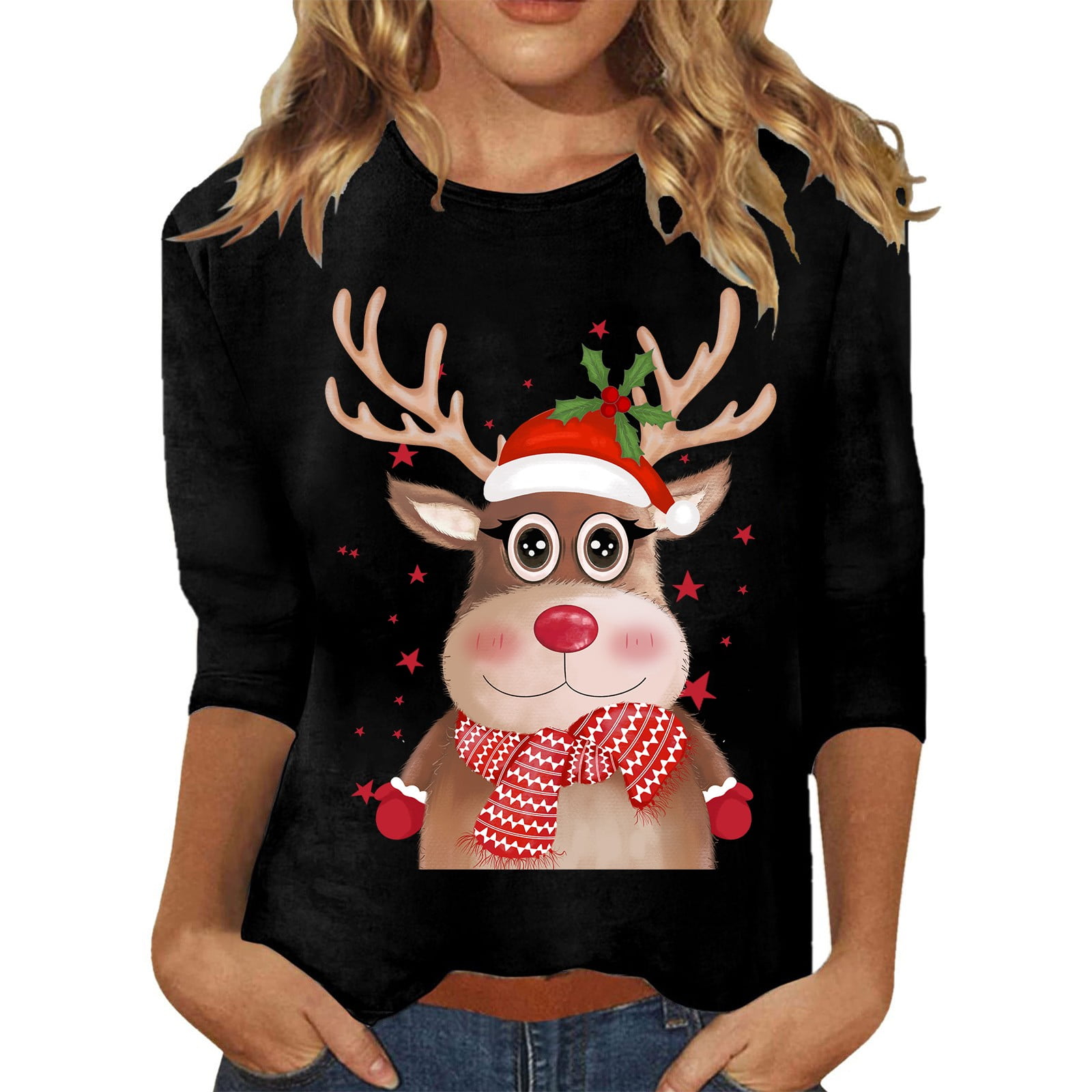 XDZJLR Christmas 3/4 Sleeve Shirt Women Xmas Loose Crew Neck Vintage Print Graphic Loose Large T Shirt Cozy Blouses Tops Green M