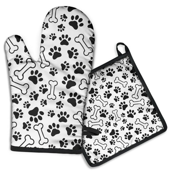 Pet Paw Print and Bone Kitchen Oven Mitt and Pot Holder Sets 2 Pcs for Baking, Cooking and Grilling, Heat Resistant Up To 392 °F