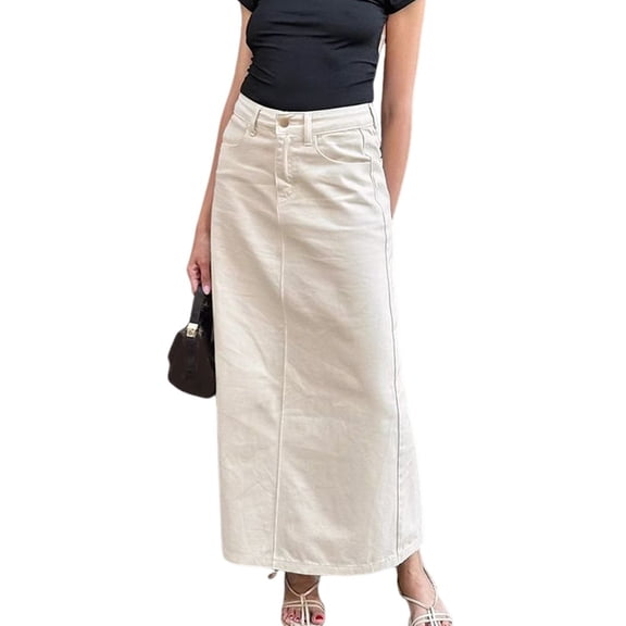 Women'S Solid High Waist Long Skirt Spring Summer Comfy Straight Maxi Skirt with Pockets Cream White S