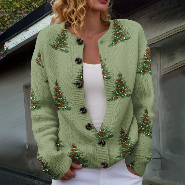 Plus Size Women's Christmas Santa & Tree Embroidered Cardigan Long Sleeve Round Neck Button Down Knit Sweater For Holiday Season