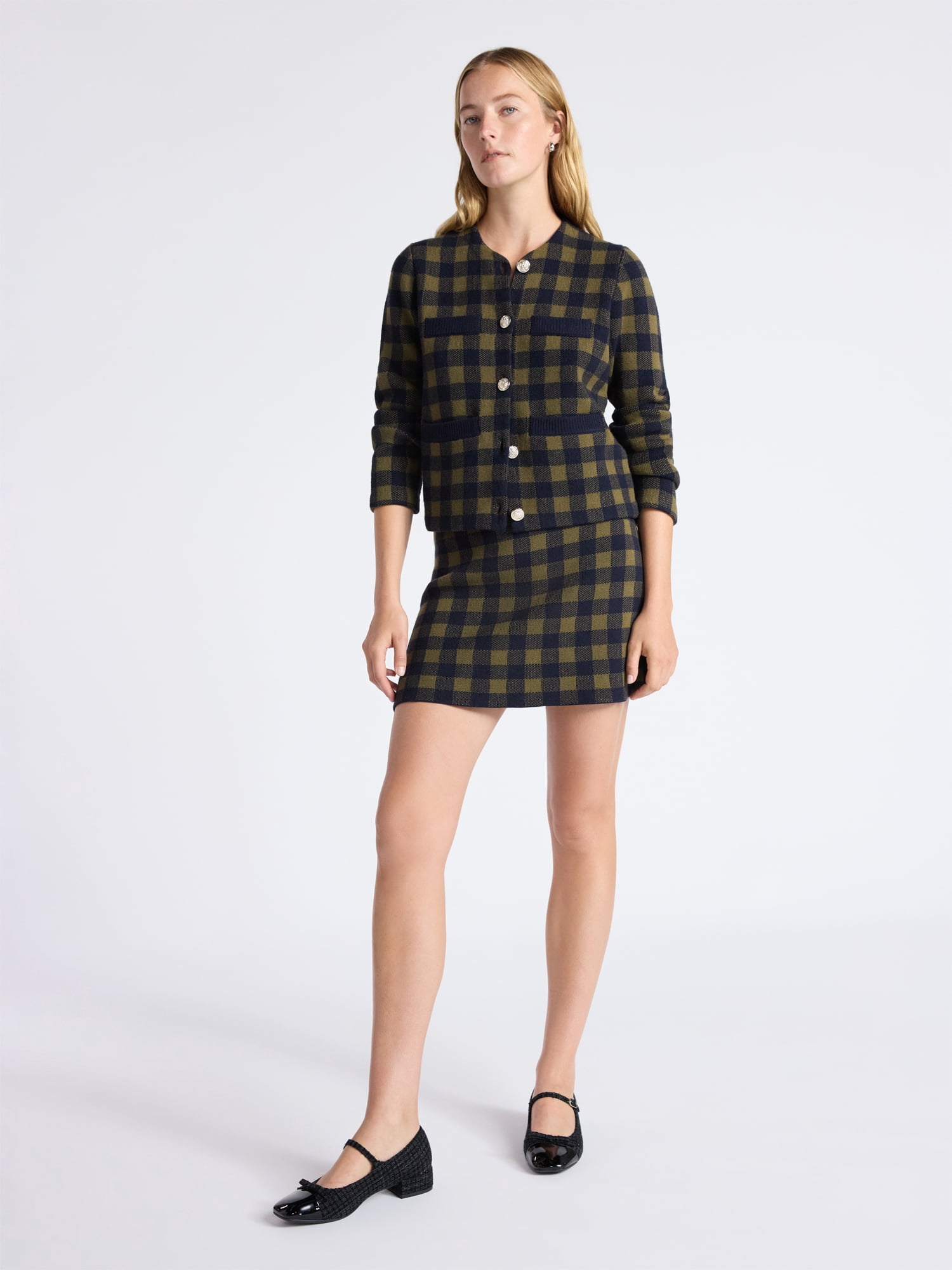 Free Assembly Women's Plaid Cardigan Sweater with Double Welt Pockets, Midweight, Sizes XS-XXL