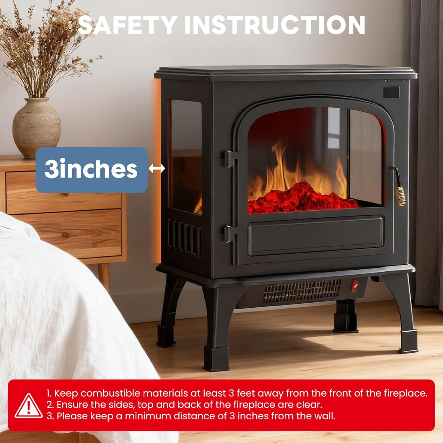 26" Electric Fireplace Freestanding Stove, 3D Flame, Remote Control, Adjustable Heat & 12H Timer, Safe & Stylish, Inky