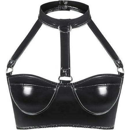 Women s Black Latex Outfit Patent Leather Bras  Adjustable Non-Steel Ring Lingerie Hanging Neck Corset Black Crop Top for Party Bar Masquerade Club Dress Up Medium Size  2XL
