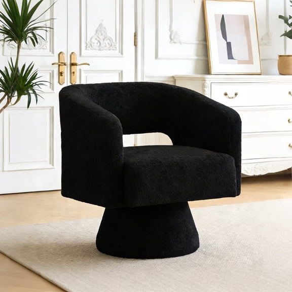 ClinQ Oversized Swivel Barrel Accent Chair Set of 1, 360 Degree Teddy Upholstered Round Chair for Living Room and Bedroom, Black