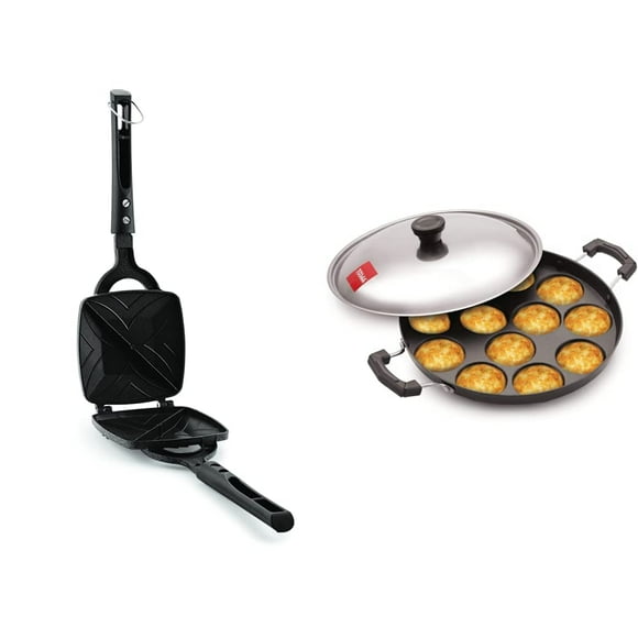 Premia 2-cut Gas Sandwich Toaster Black + 12 Cavity Black Appam Patra Side Handle With Lid, 23 Cm | Non-stick Inner Layer
