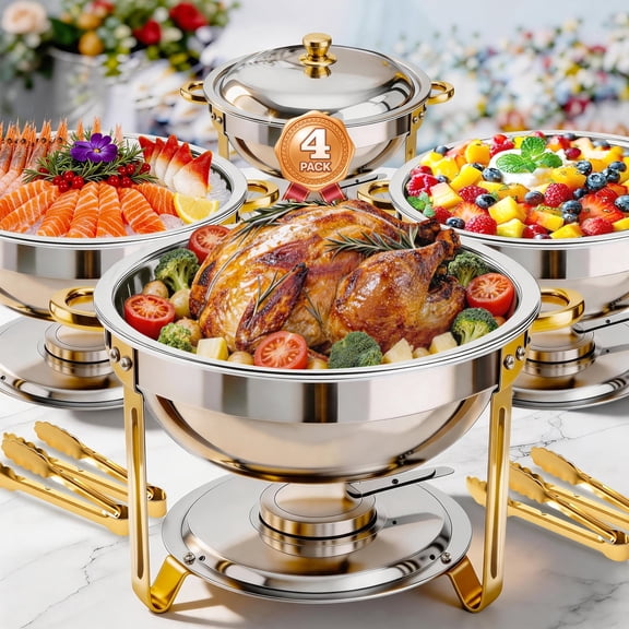 Chafing Dish Buffet Set with 4 Food Tongs, 5.3 QT Stainless Steel Chafing Dishes Round Buffet Food Warmer Chafers Set for Parties Catering Event, Lid Holder 4PCS