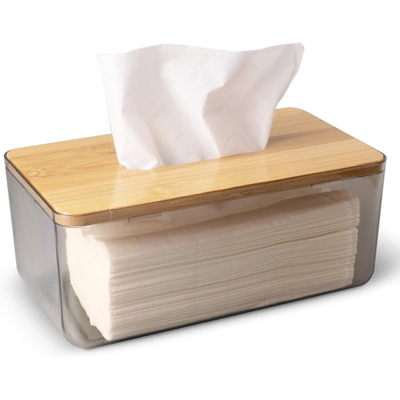 Minimalist Tissue Box Cover Holder, Modern Transparent Rectangular Bamboo Cover Facial Tissues Dispenser for Bathroom, Bedroom, Living Room, 8.46x5.11x3.74inch