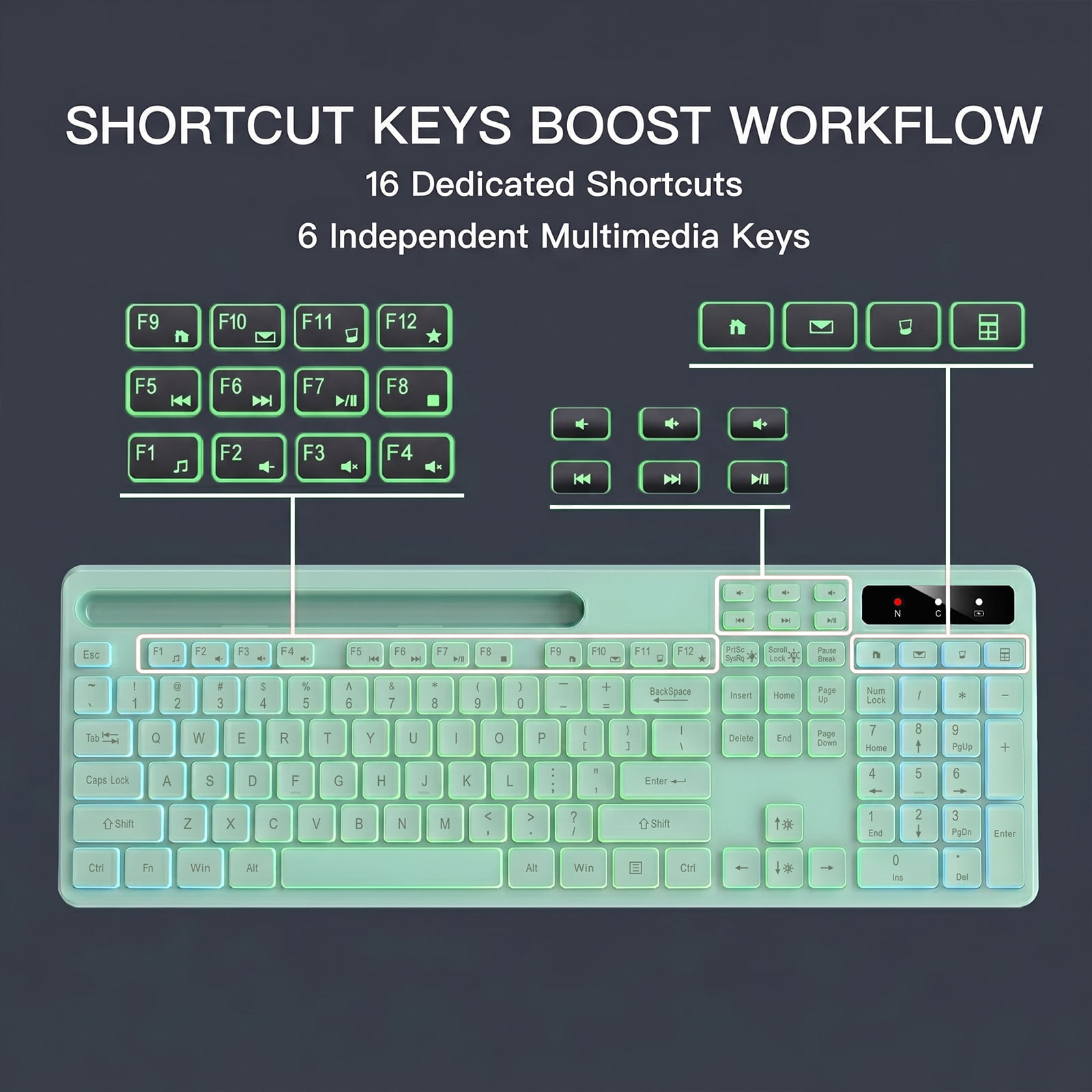 Wireless Keyboard with 7 Color RGB Backlit, Marvo Computer Keyboard with Phone Tablet Holder, Rechargeable 2.4G Wireless Gaming Keyboard with Light Up Keys, Compatible with Mac,Window, Green