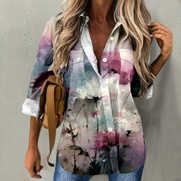 TIHLMK Women Tops Button Down Shirt Women Long Sleeve Blouse Blouse  Printing Tops Bussiness Casual Lapel Tops 