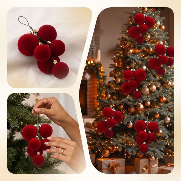 Red Flocked Grape Cluster Christmas Ornaments, Velvet Ball Hanging Pendant, for Xmas Tree Holiday Decor
