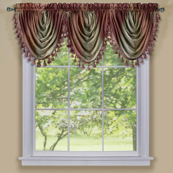 Royal Ombre Curshed Semi Sheer 3 Pack Tassled Window Curtain Valances - Burgundy