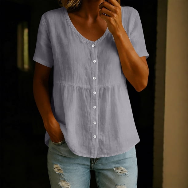 Craaazy Women's Casual V Neck Blouse, Solid Color Short Sleeve Button Down Shirt, Loose Fit Comfy Breathable Cotton Linen Tops for Daily Wear Gifts