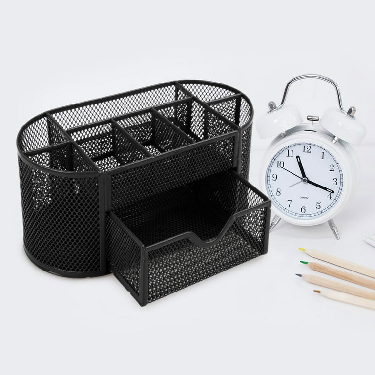 OFFICE ALMIGHTY Black Desk Organizer for Men: Exclusive Large 6 in 1 Mesh  Shiny Metal Supplies Organizer with Pen Holders, Folder Holder &  Accessories